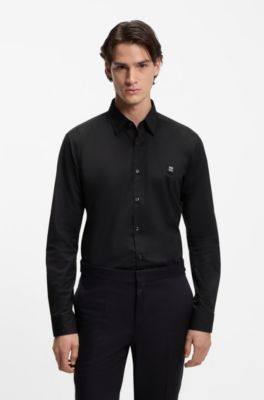 Camicia slim fit in tela di cotone elasticizzato, Nero