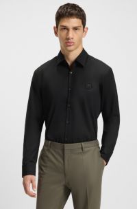 Slim-fit shirt in stretch cotton with stacked logo, Black