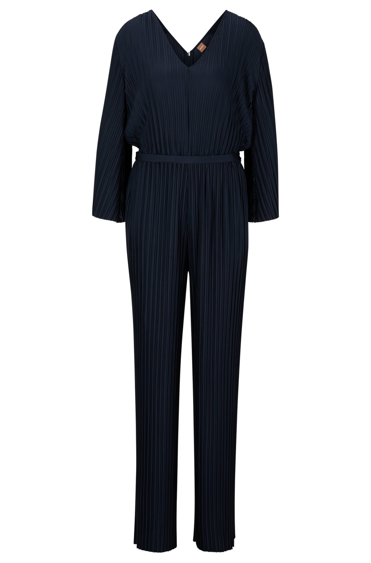 Long-sleeved V-neck jumpsuit with plissé pleats, Dark Blue