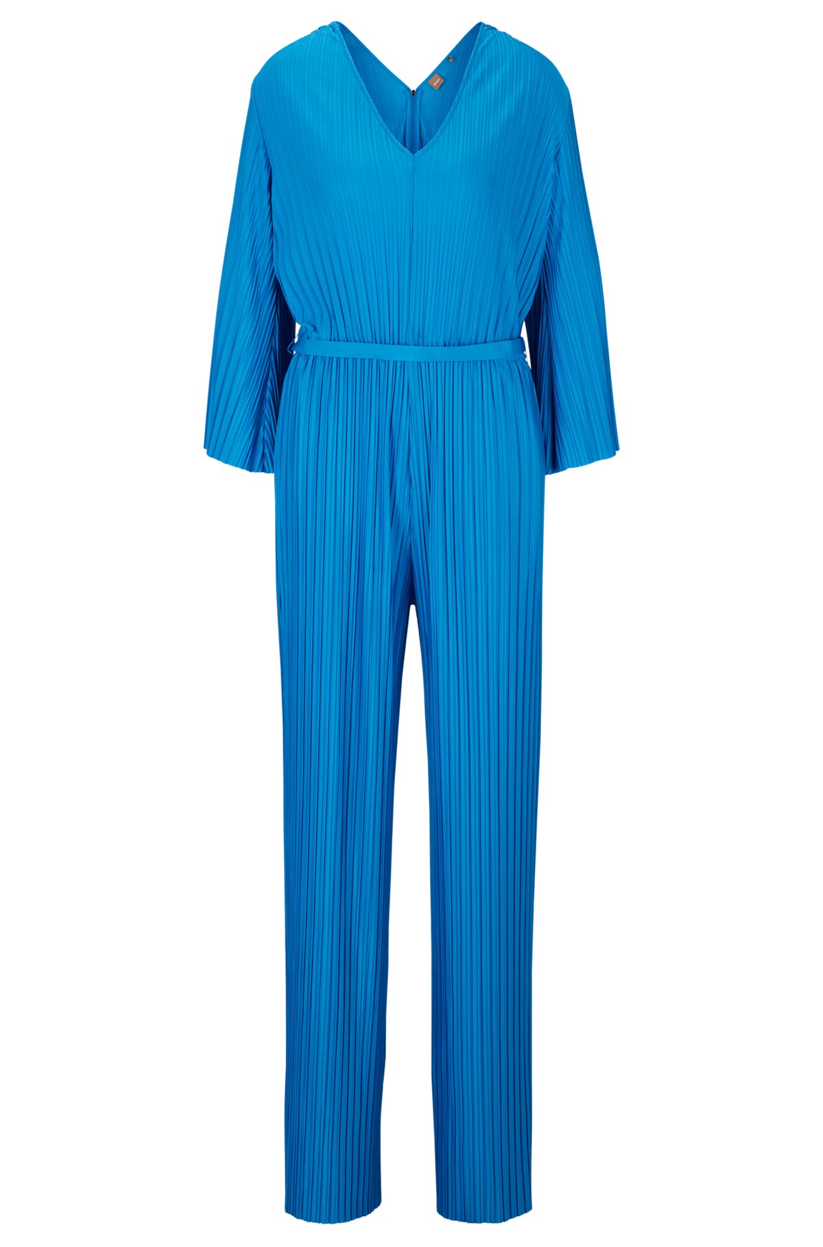 Long-sleeved V-neck jumpsuit with plissé pleats, Turquoise