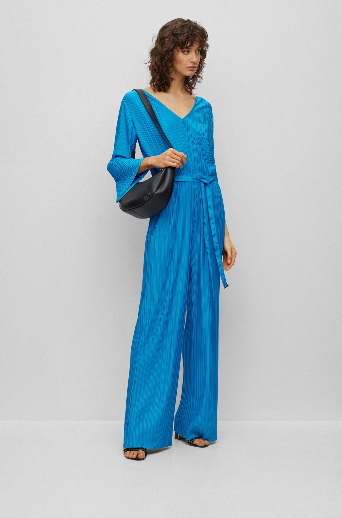 Long-sleeved V-neck jumpsuit with plissé pleats, Turquoise