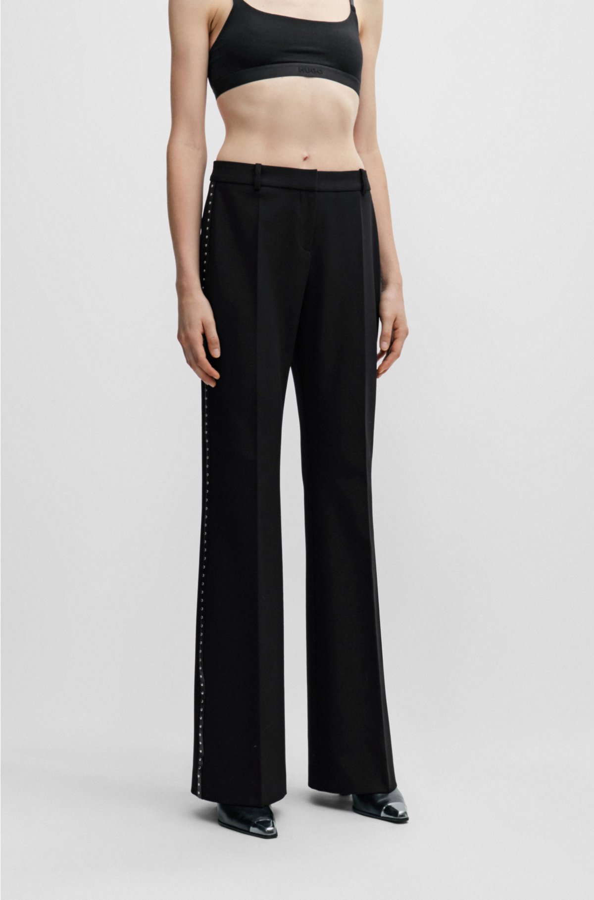 HUGO - Slim-fit bootcut trousers with stud trim