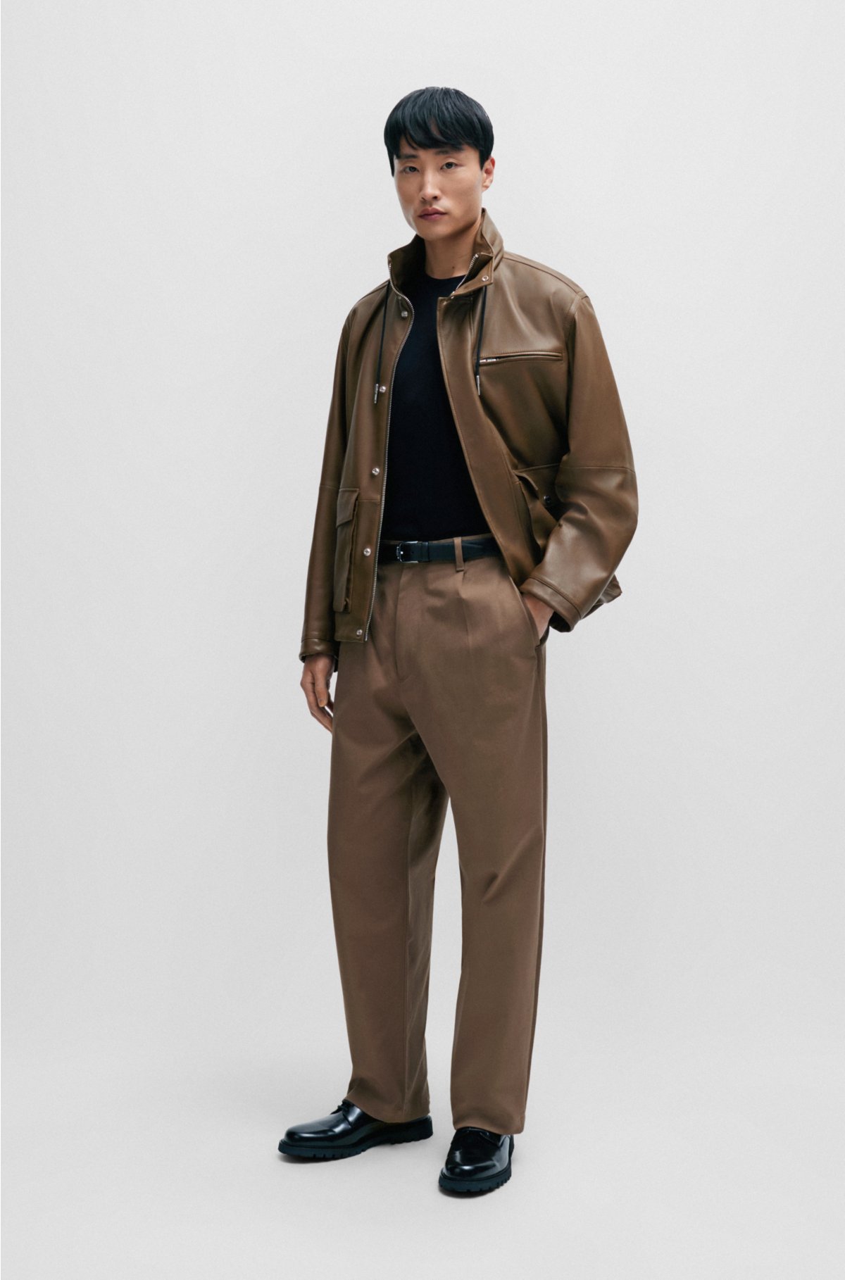 Relaxed-fit jacket in lamb leather with inside pockets, Brown