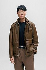 Relaxed-fit jacket in lamb leather with inside pockets, Brown