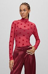 Printed slim-fit top in stretch mesh, Patterned