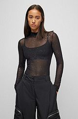 Mock-neck slim-fit top in stretch mesh, Black