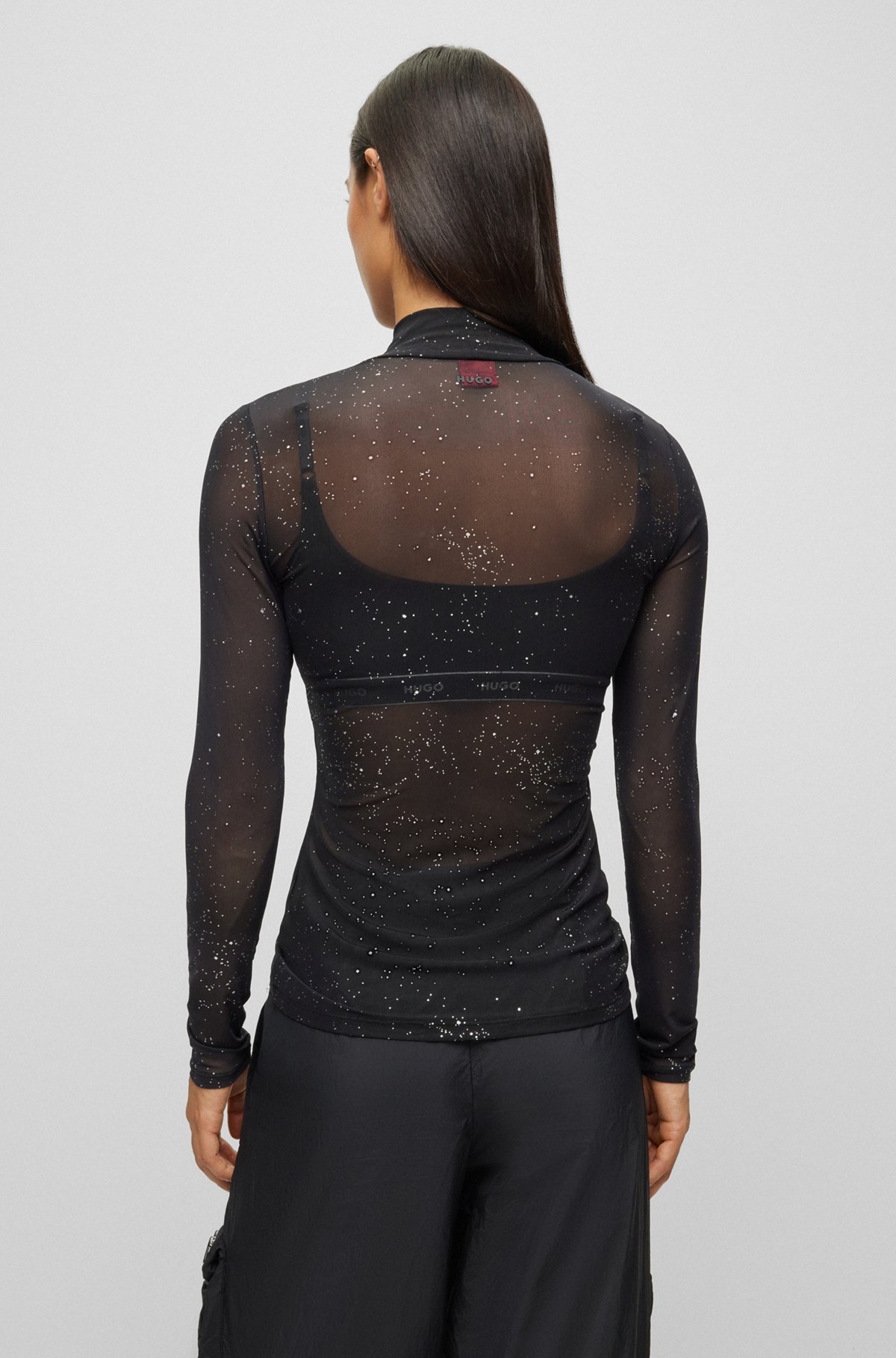 Mock-neck slim-fit top in stretch mesh, Black