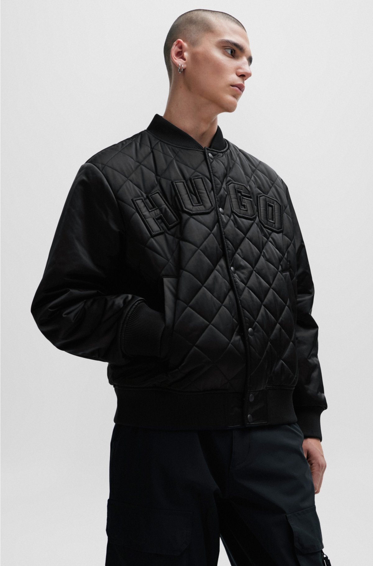 Water-repellent satin bomber jacket with varsity-style logo, Black