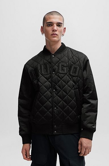 Water-repellent satin bomber jacket with varsity-style logo, Black