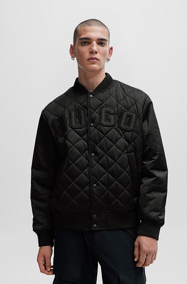 Водоотталкивающая куртка-бомбер из атласа с логотипом в университетском стиле, Черный