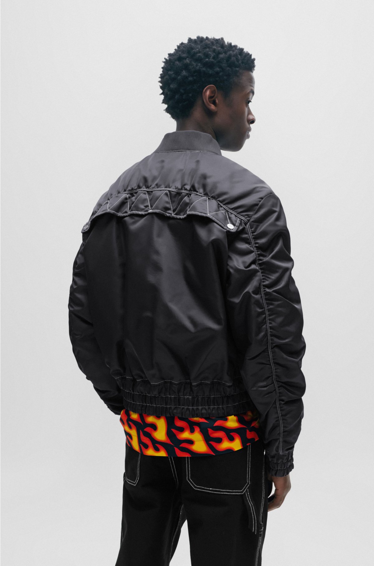 Water-repellent padded bomber jacket with logo print, Black