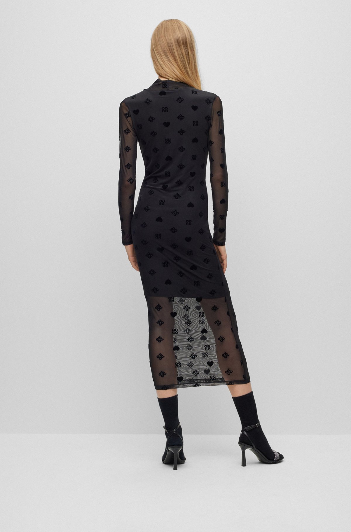 Mock-neck regular-fit dress in stretch mesh, Patterned