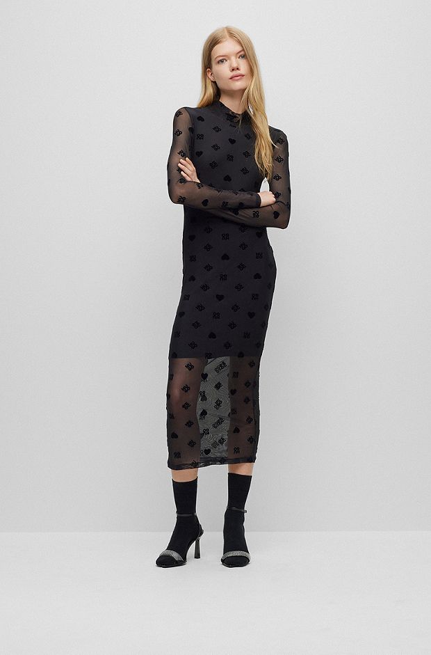 Mock-neck regular-fit dress in stretch mesh, Patterned