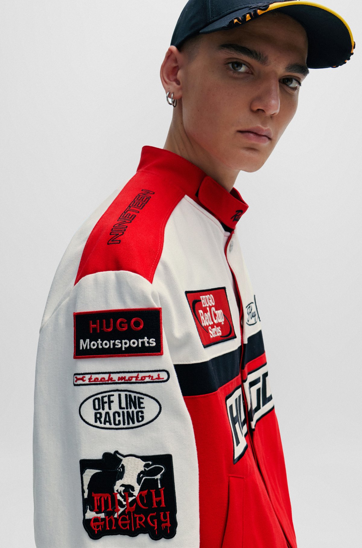 Colour-blocked regular-fit jacket with racing-inspired badges, Red