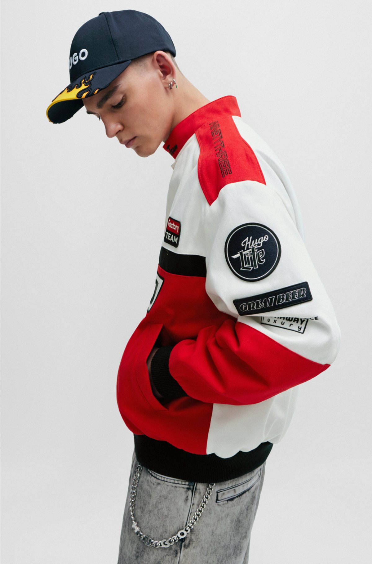 HUGO - Colour-blocked regular-fit jacket with racing-inspired badges
