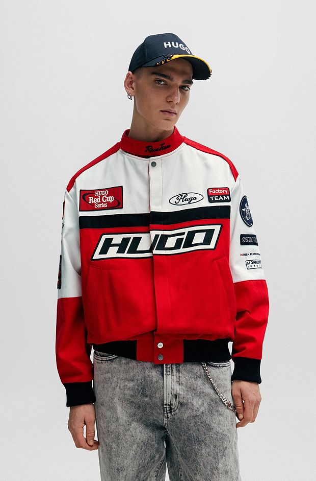 Colour-blocked regular-fit jacket with racing-inspired badges, Red