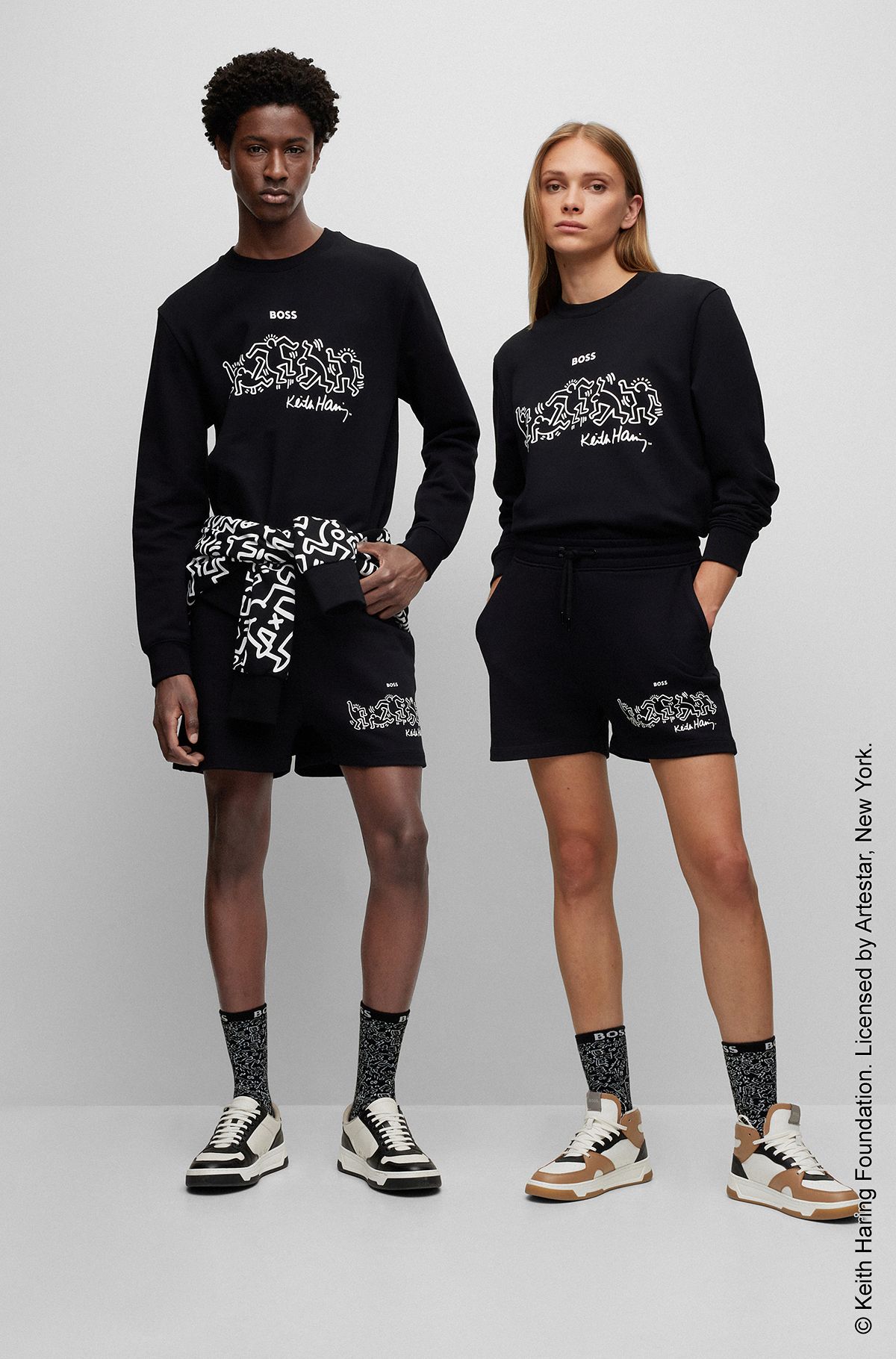 Genderneutrale BOSS x Keith Haring Shorts aus Baumwoll-Mix mit Terry-Struktur, Schwarz