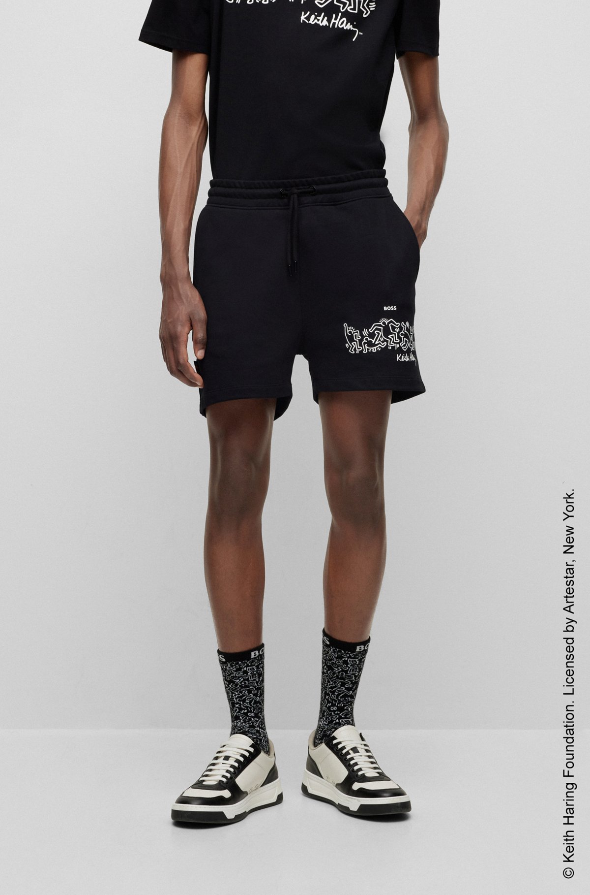 BOSS x Keith Haring gender-neutral shorts in cotton-blend terry, Black