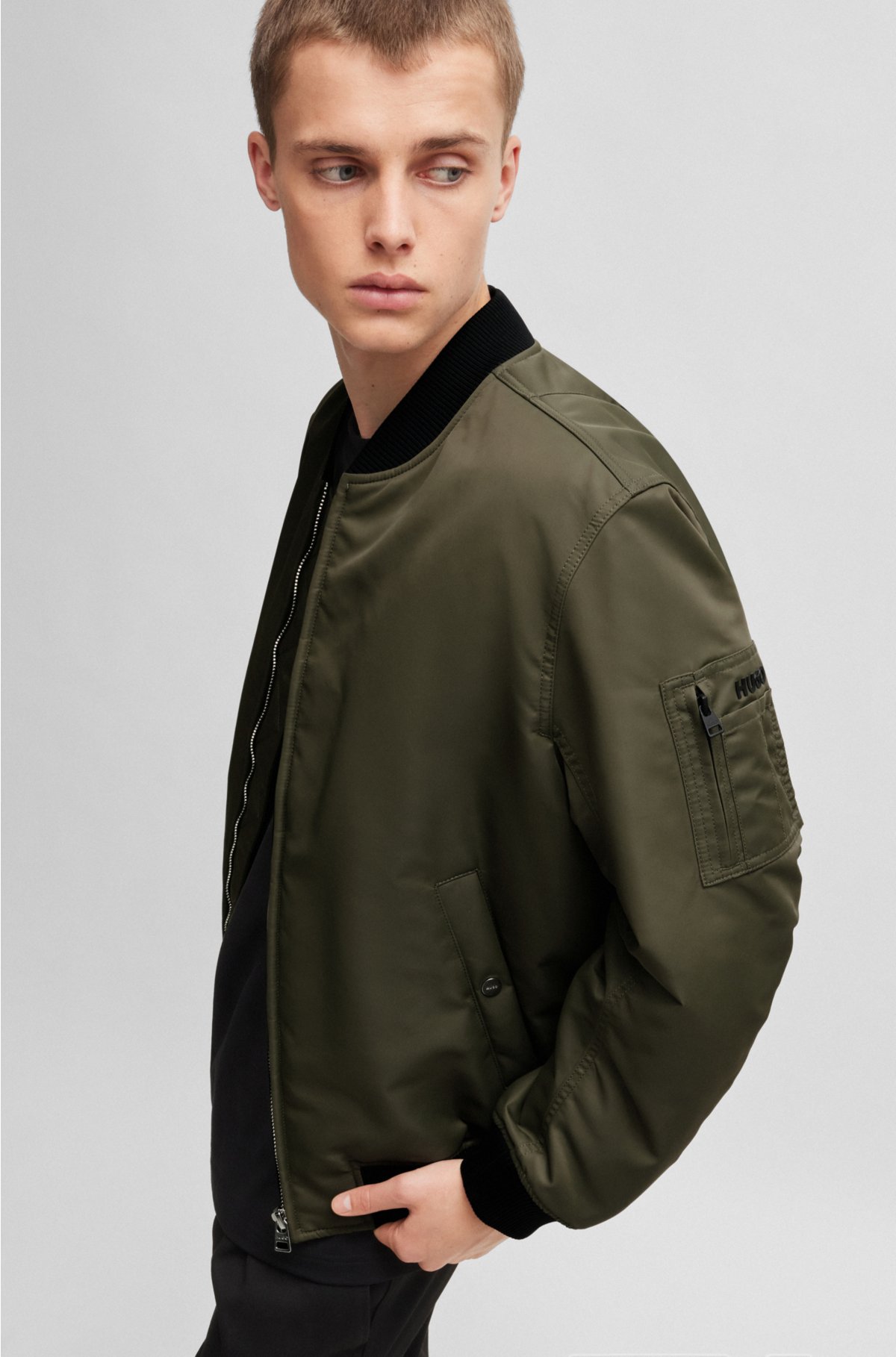 Water-repellent padded bomber jacket with logo print, Khaki