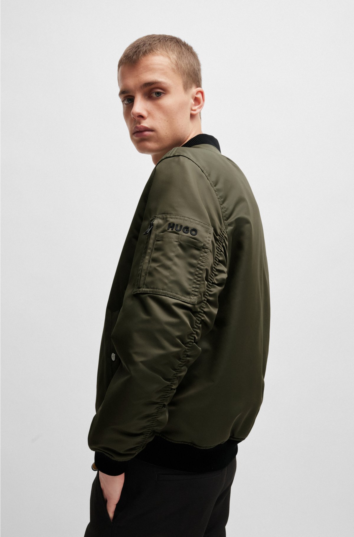 Water-repellent padded bomber jacket with logo print, Khaki