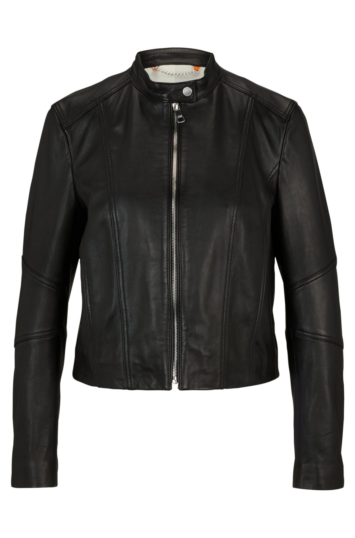 Slim-fit leather jacket with zip closure, Black