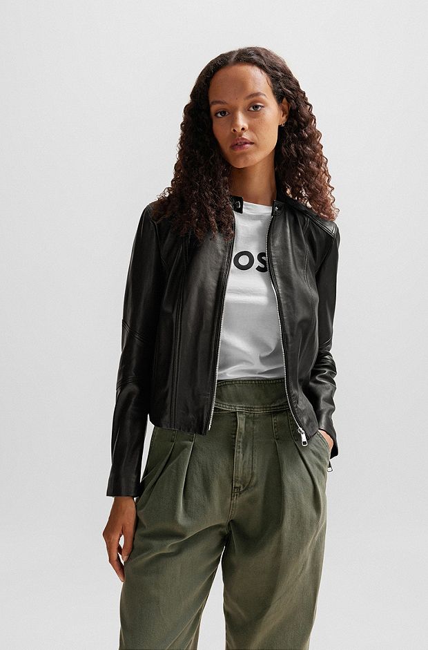Slim-fit leather jacket with zip closure, Black