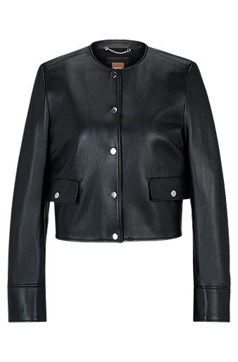 Kragenlose Slim-Fit Jacke aus weichem Leder, Schwarz