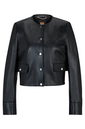 Slim-fit collarless jacket in soft leather, Hugo boss