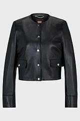 Slim-fit collarless jacket in soft leather, Black