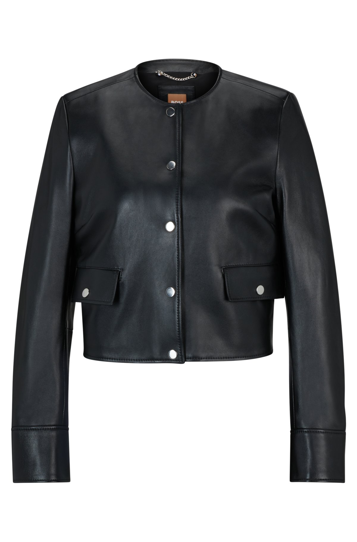Slim-fit collarless jacket in soft leather, Black