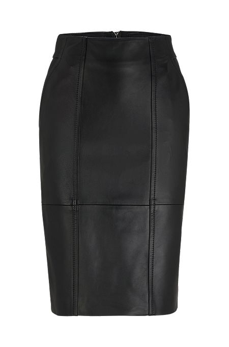 Seam-detail pencil skirt in lamb leather, Black