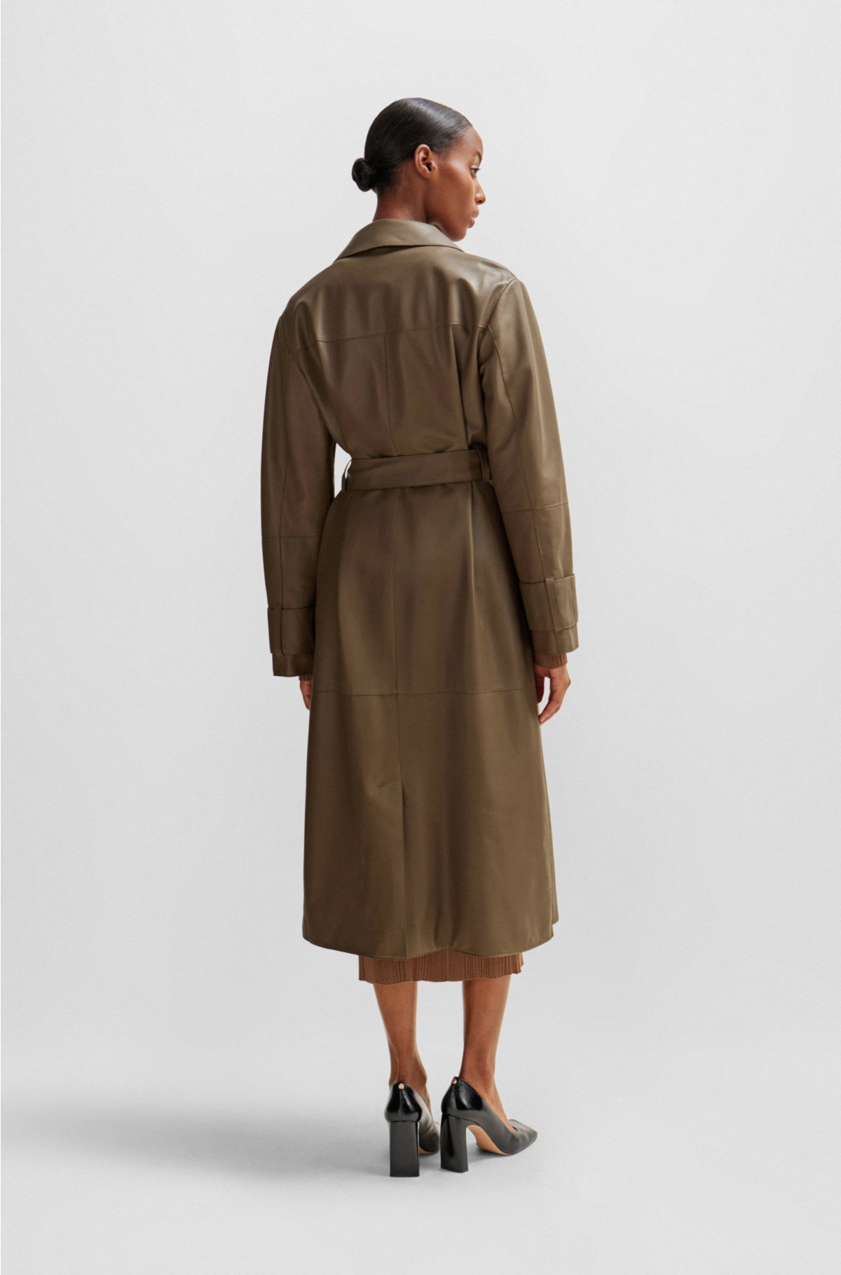 Longline belted coat in nappa leather, Brown