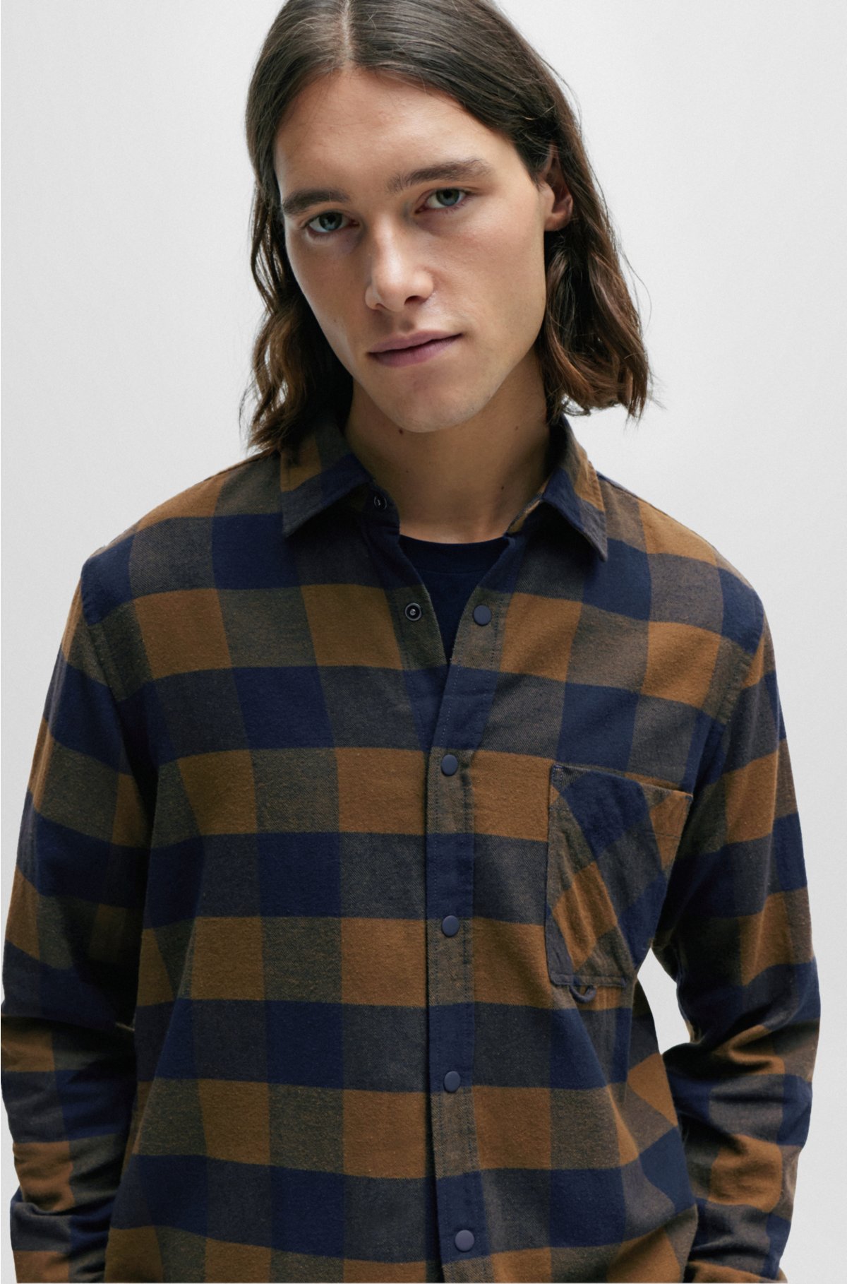 Regular-fit shirt in checked cotton flannel, Green Patterned