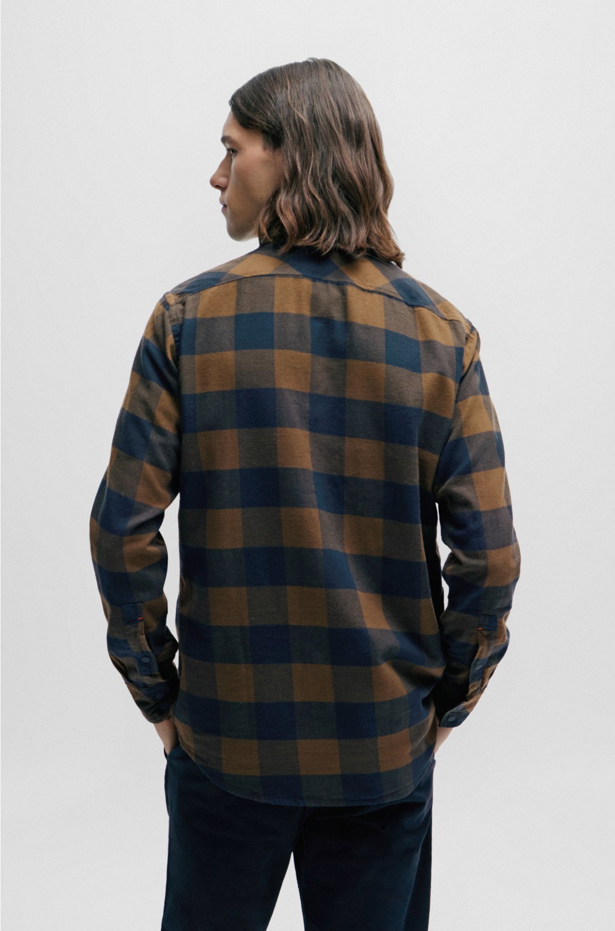 Regular-fit shirt in checked cotton flannel, Green Patterned