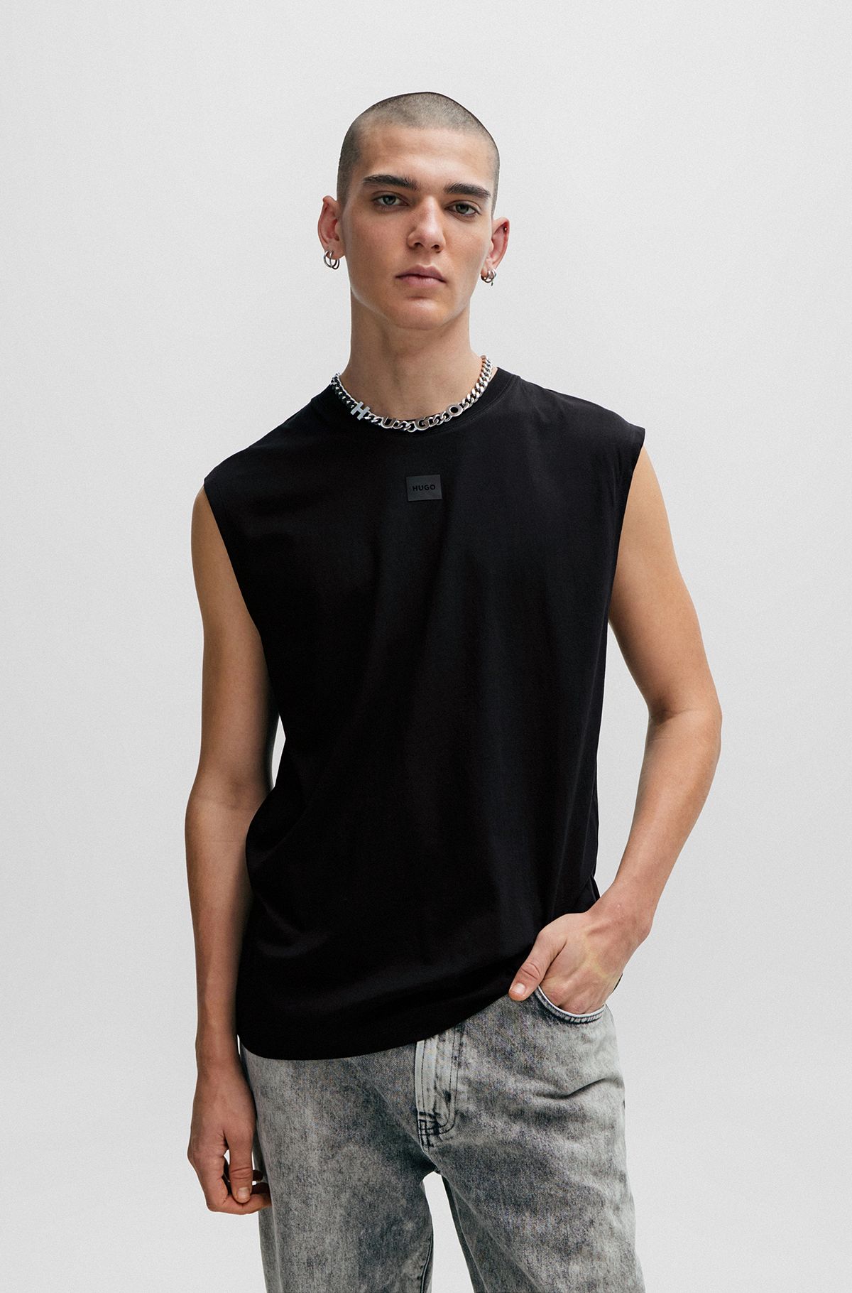 Sleeveless T-shirt in cotton jersey with logo detail, Black