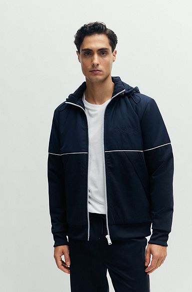 Hybride hoodie met rits, biezen en reliëflogo, Donkerblauw