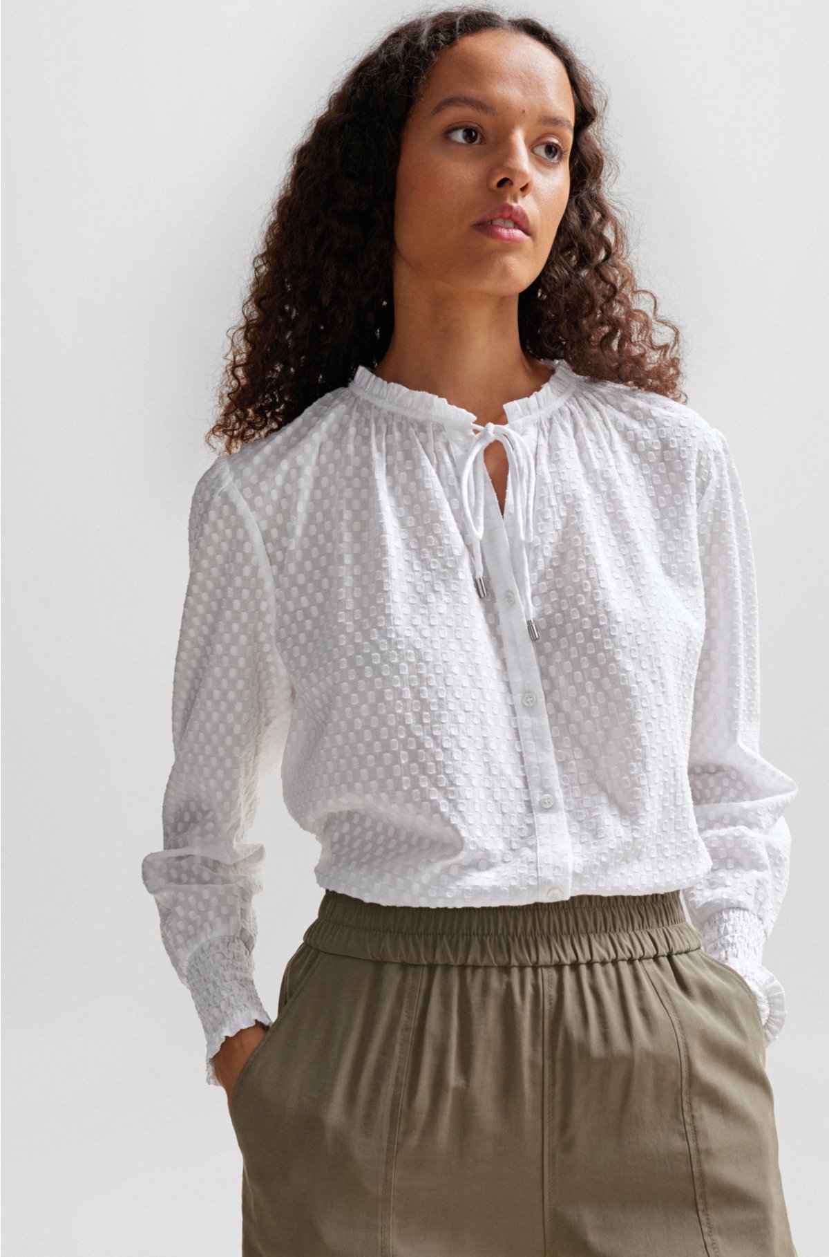 Drawstring-collar blouse in fil-coupé cotton, White
