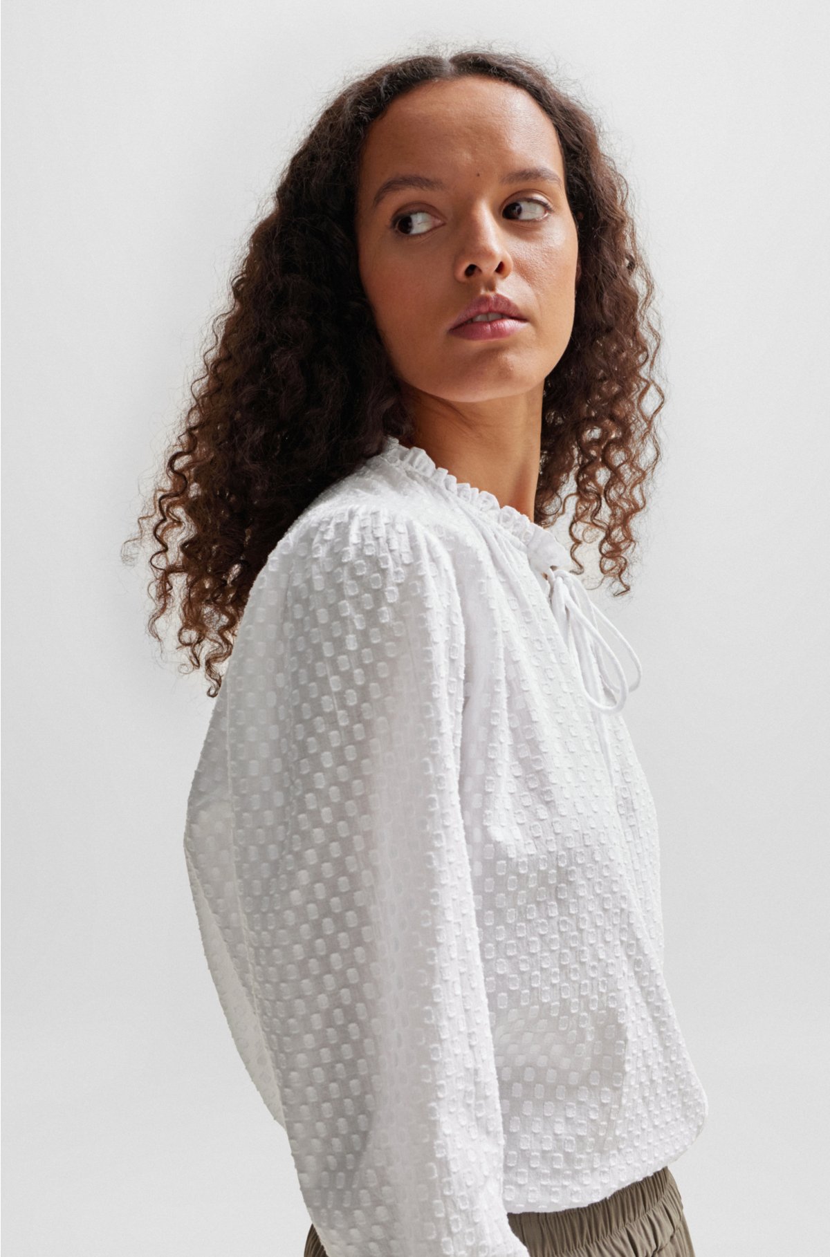 Drawstring-collar blouse in fil-coupé cotton, White