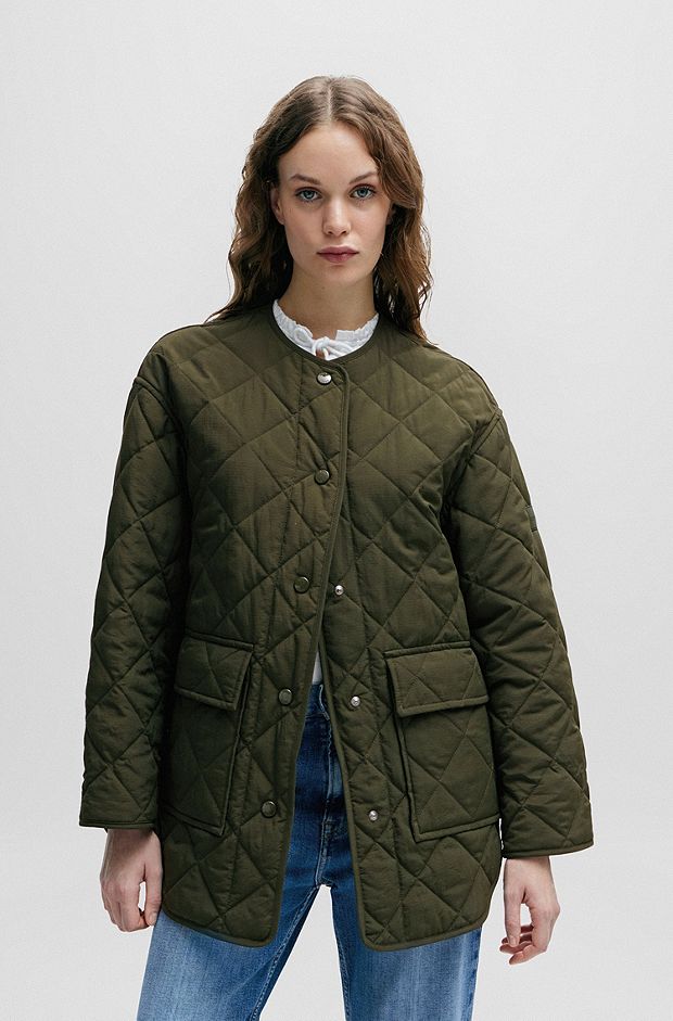 Relaxed-fit water-repellent quilted jacket with detachable collar, Dark Green