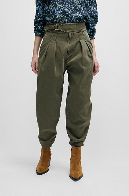Relaxed-fit trousers in cotton twill with front pleats, Dark Green