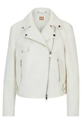 Hugo Boss Leather Jacket With Signature Lining And Asymmetric Zip In White