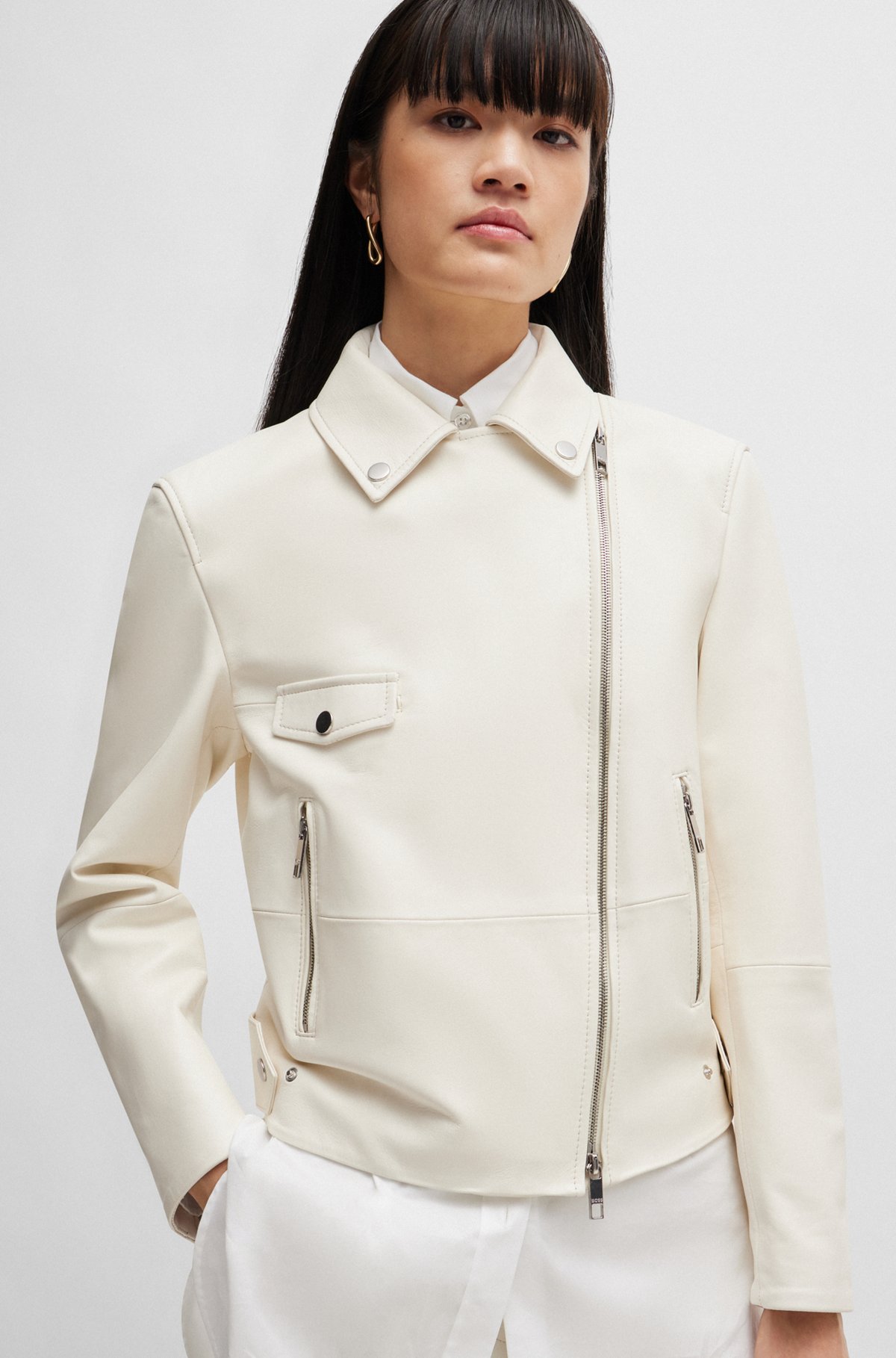 Leather jacket with signature lining and asymmetric zip, White