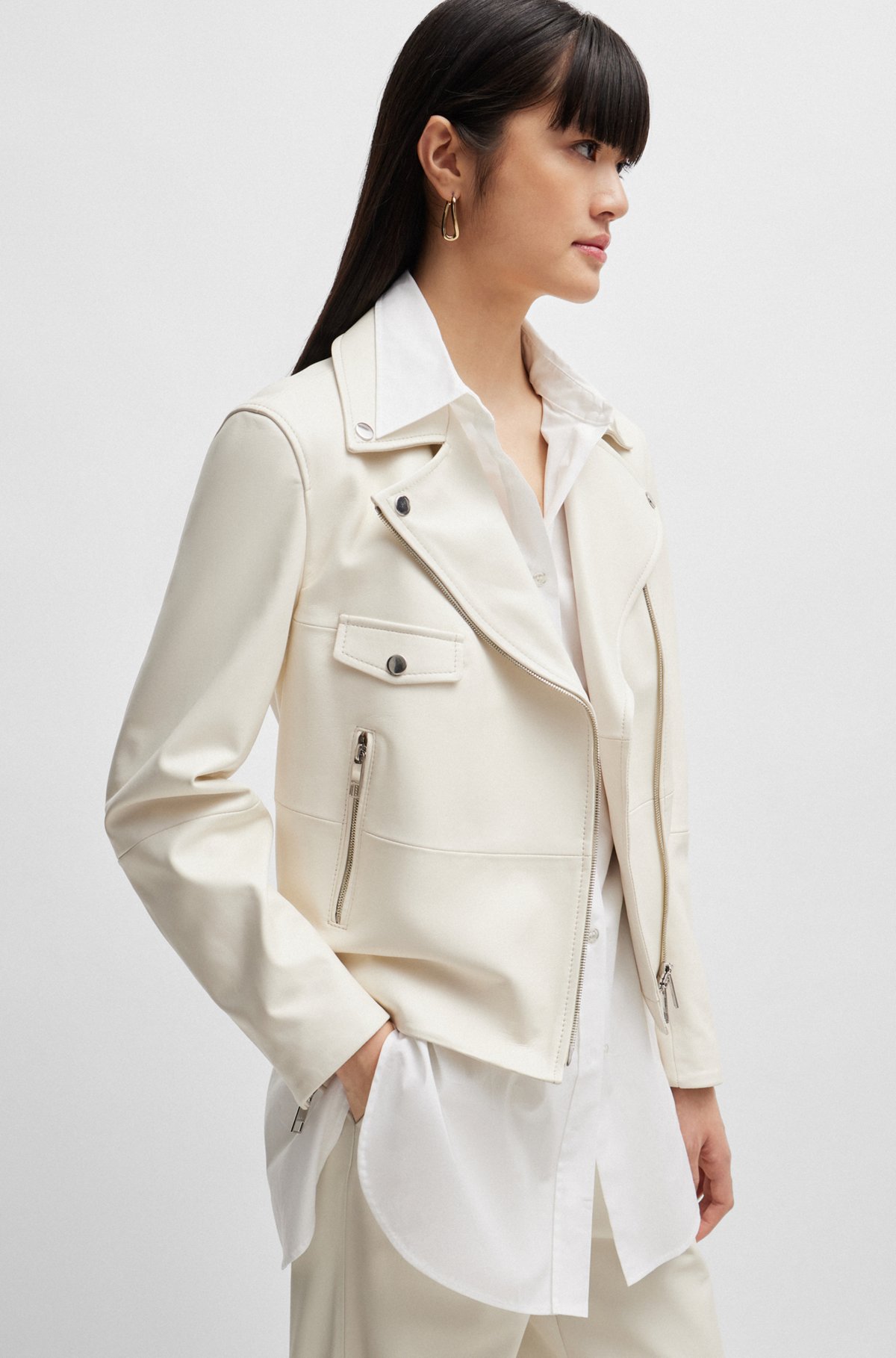 Leather jacket with signature lining and asymmetric zip, White