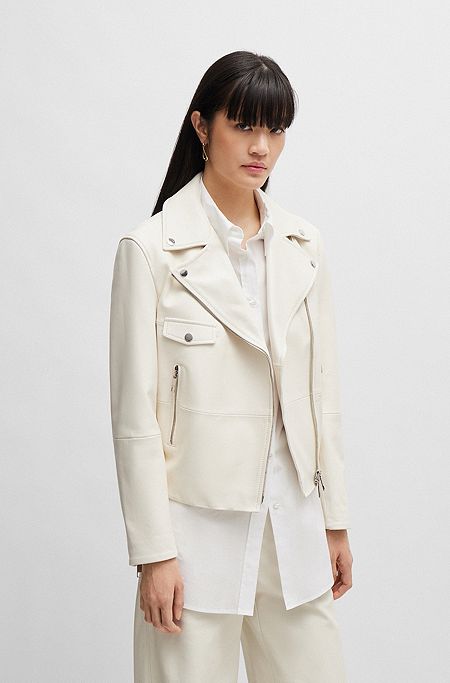 Кожаная куртка с фирменной подкладкой и асимметричной молнией, Белый