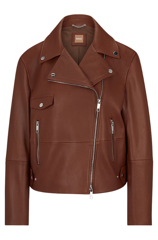 Leather jacket with signature lining and asymmetric zip, Brown