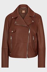 Leather jacket with signature lining and asymmetric zip, Brown