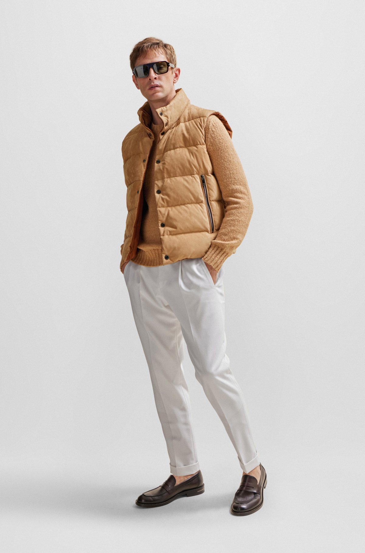 Reversible down gilet in nubuck leather and cotton, Beige