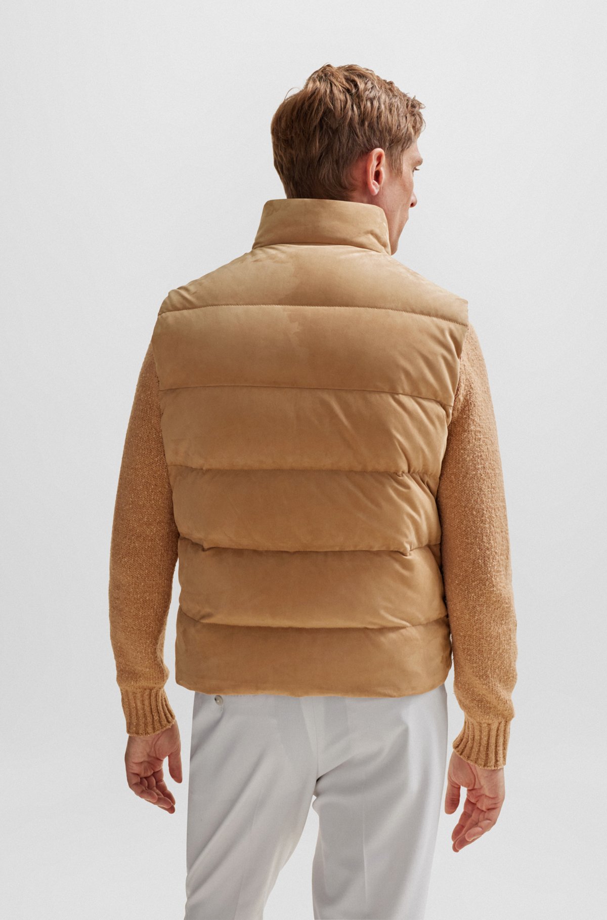 Reversible down gilet in nubuck leather and cotton, Beige