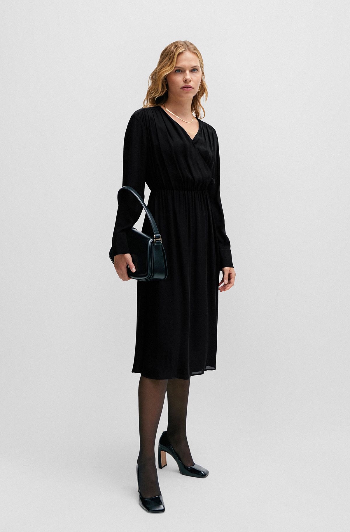 Regular-fit dress with wrap front and button cuffs, Black