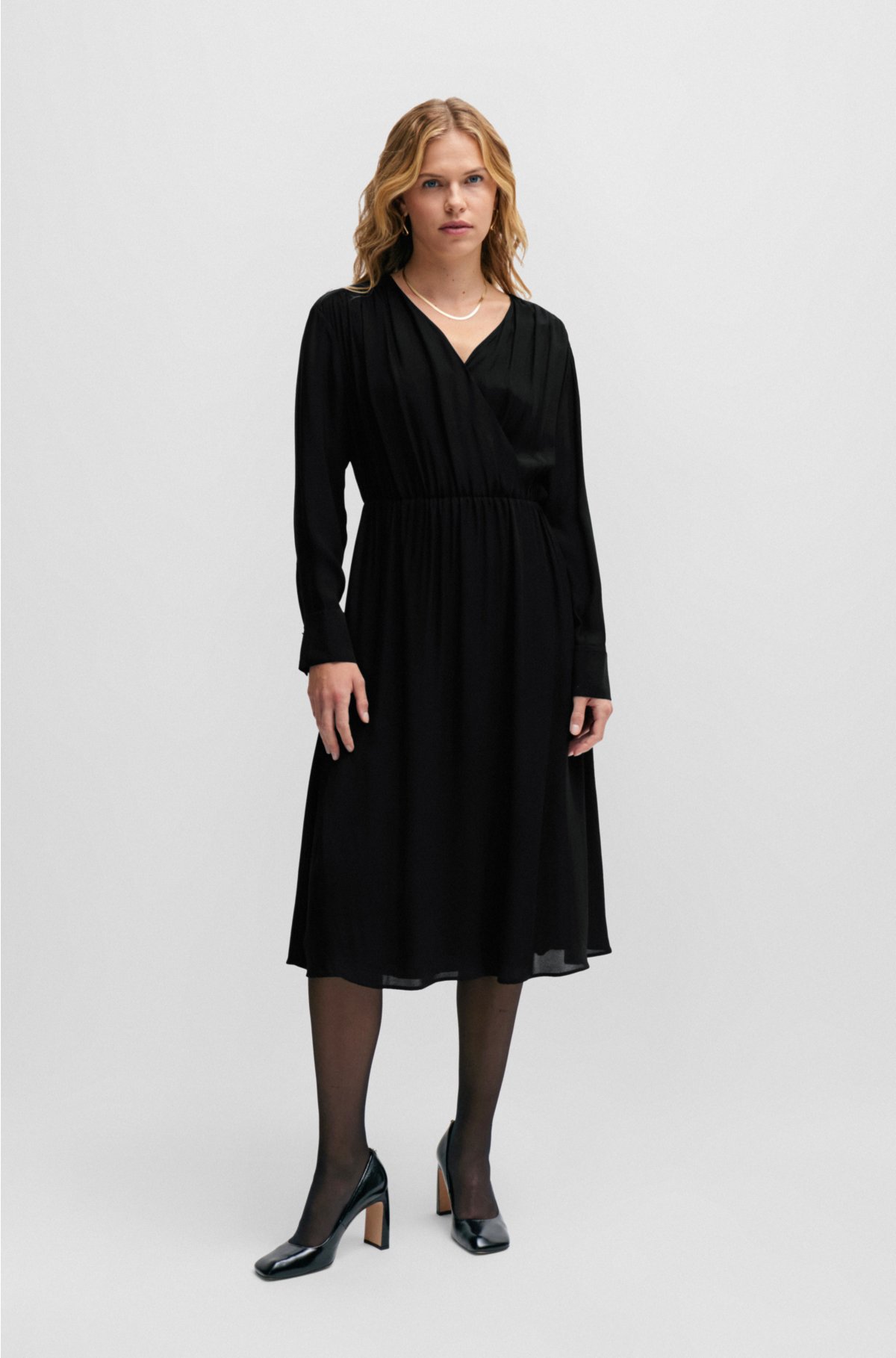 Regular-fit dress with wrap front and button cuffs, Black